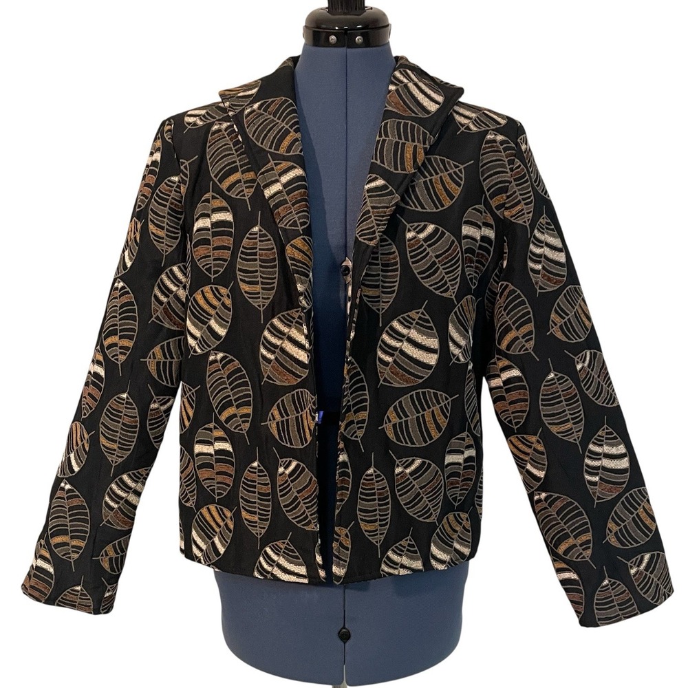 Painted Pony Black Brown Leaf Fall Tapestry Jacket Forest Boho Art to Wear M USA